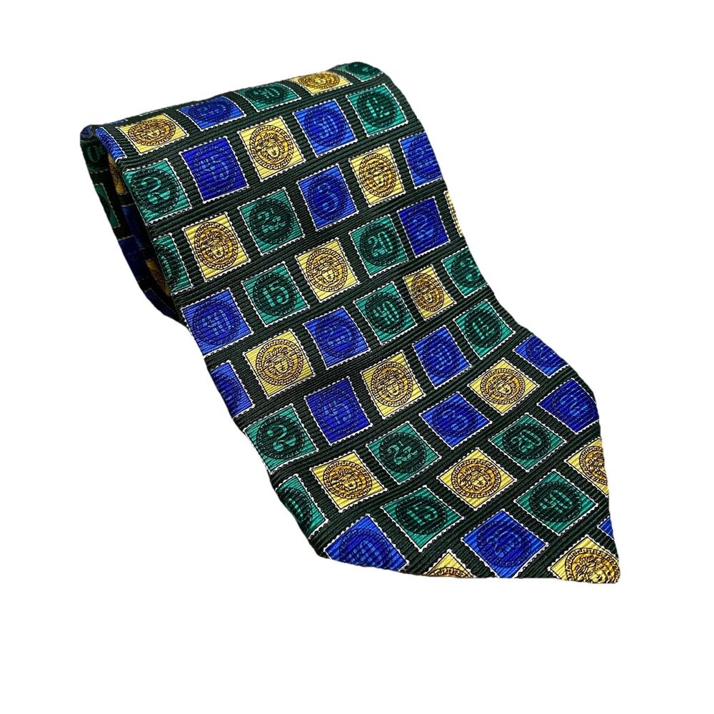 VTG Gianni Versace Medusa Silk Neck Tie Men Coin Baroque Geometric Made in Italy